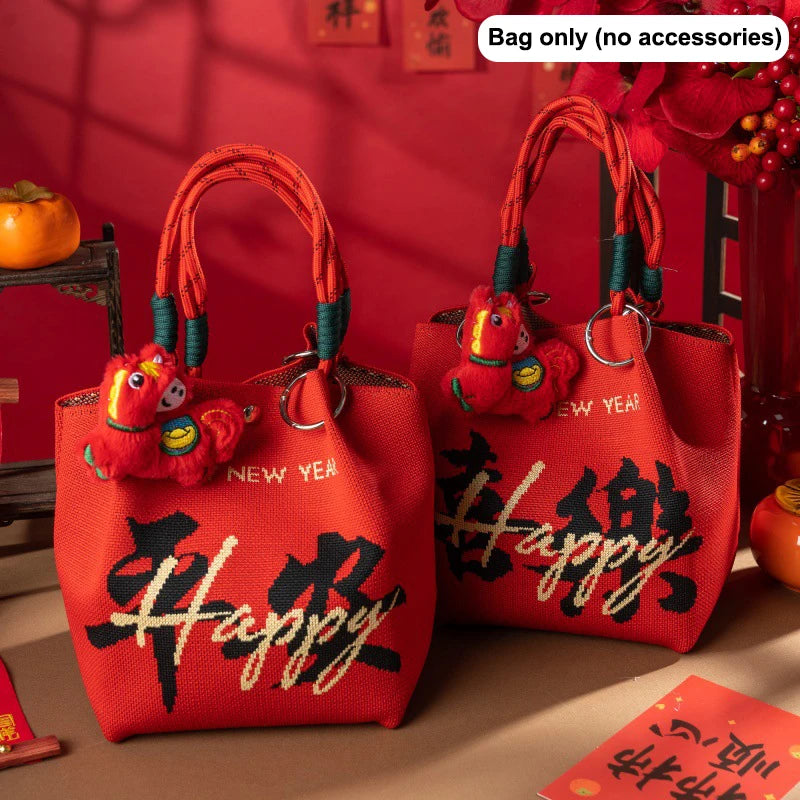 New 2026 Horse Year Cartoon Mascot Pony Knitted Bucket Bag For Women Fashion Large Capacity Portable Handbag New Year Gift Qme