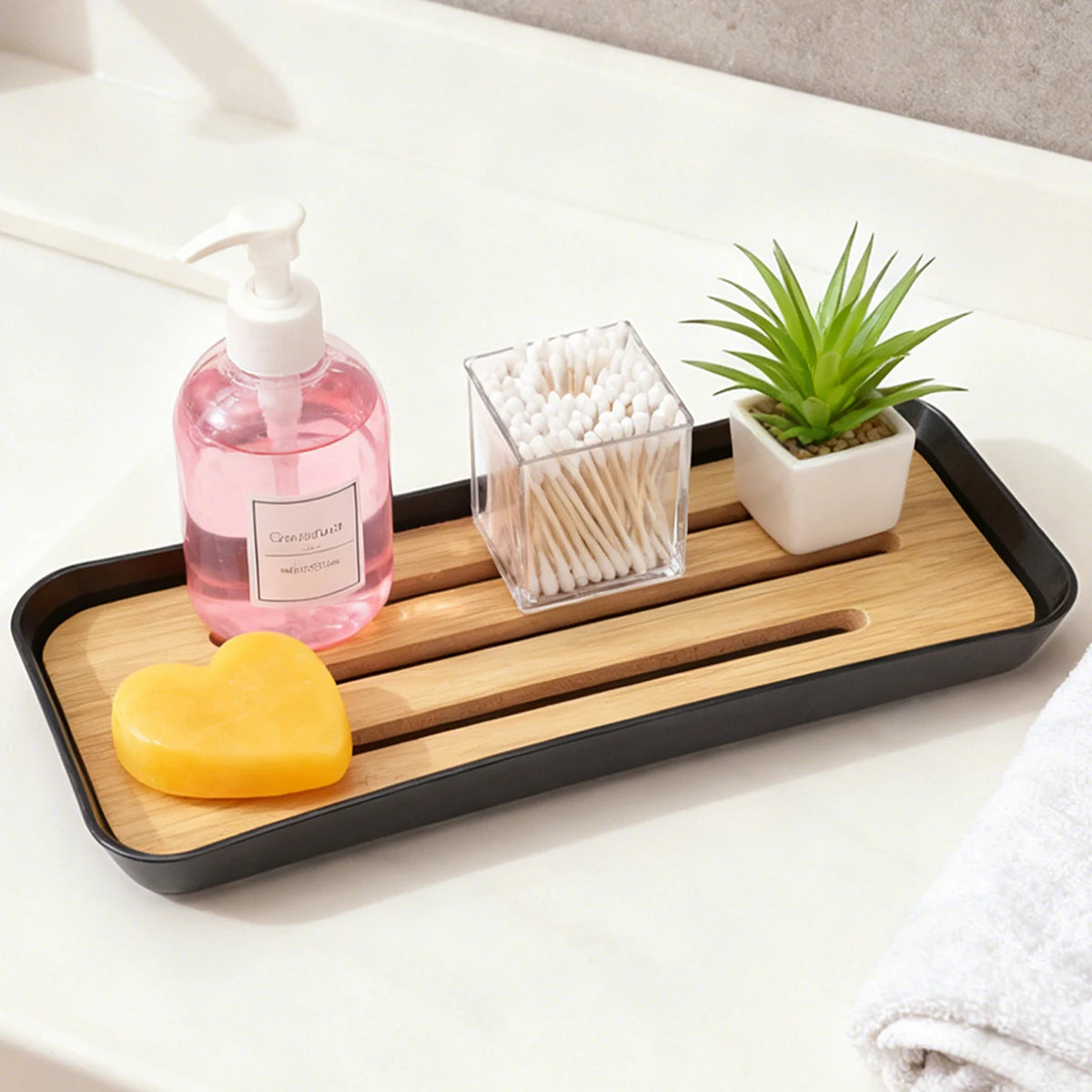Bamboo Soap Dish Bottles Holder Tray Removable Countertop Drain Tray Candle Perfume Jewelry Organization Bathroom Vanity Tray Qme