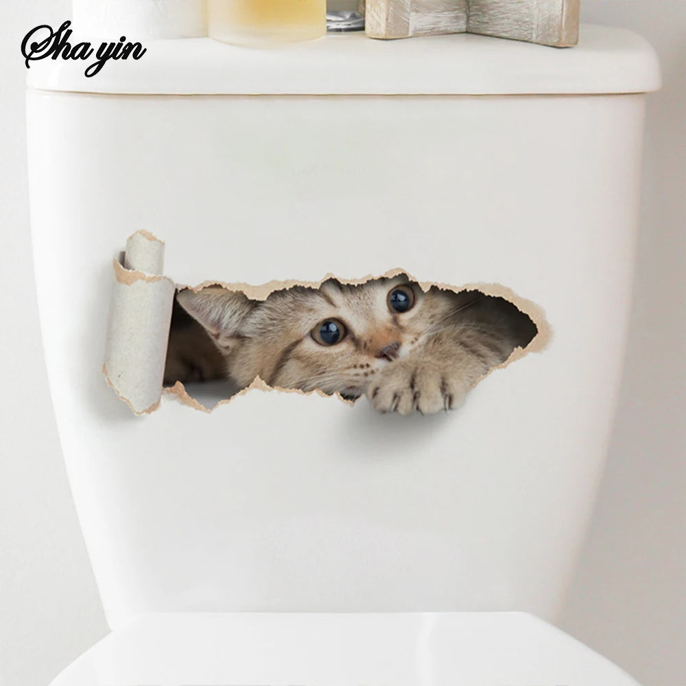 Cartoon Hole Breaking Cat Toilet Sticker, Bathroom Beautification Decoration Toilet Cover Waterproof Sticker Qme
