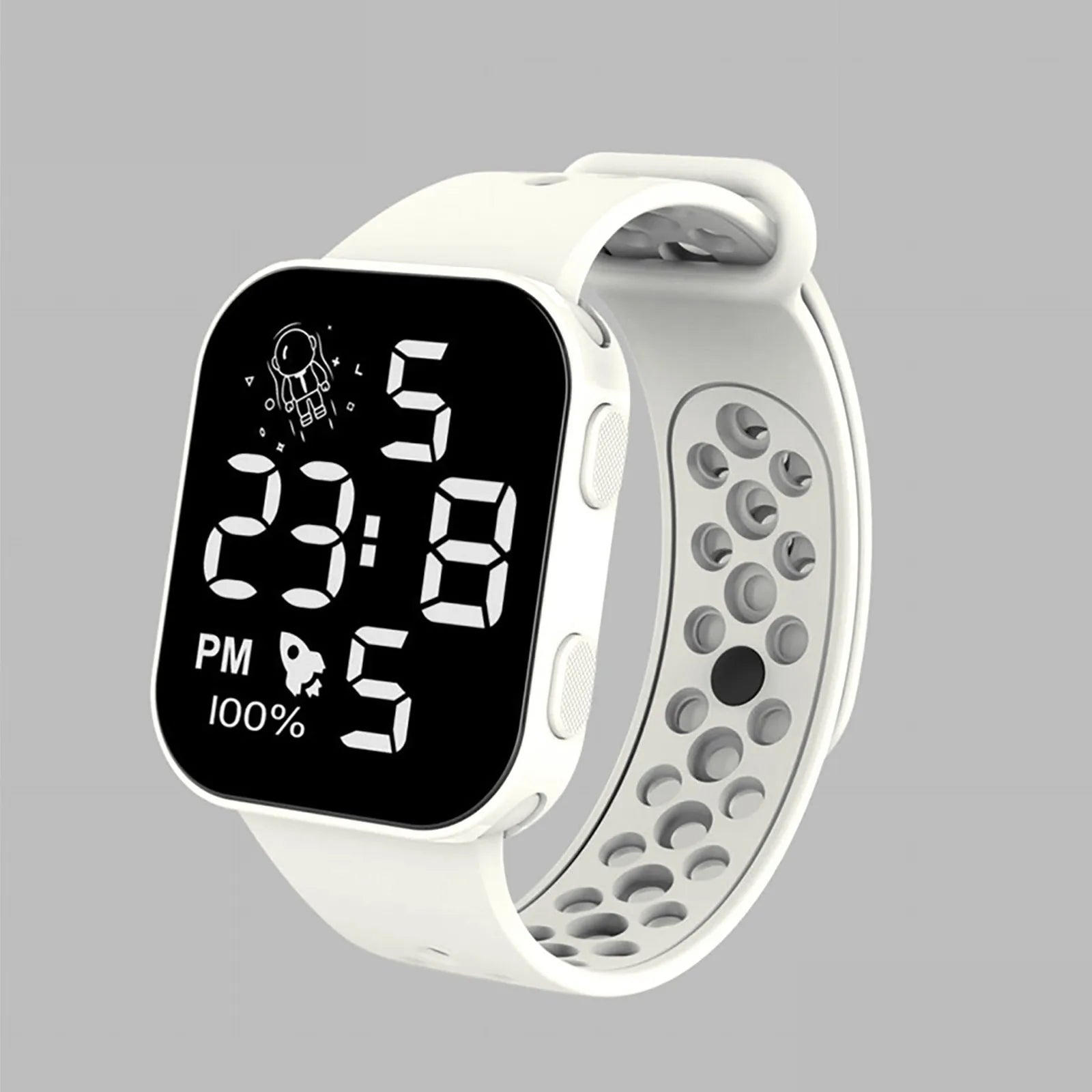 Children’s Solid Color Simple Fashion And Breathable Silicone Strap With Led Display Square Dial Calender Electronic Sport Watch Qme White