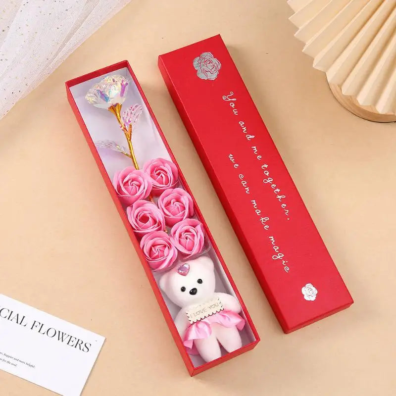 Plush Bear Artificial Flower Gift Box Soap Rose Flowers Creative Romantic Rose Valentines Day Mother Day Gift Wedding Home Decor Qme Pink