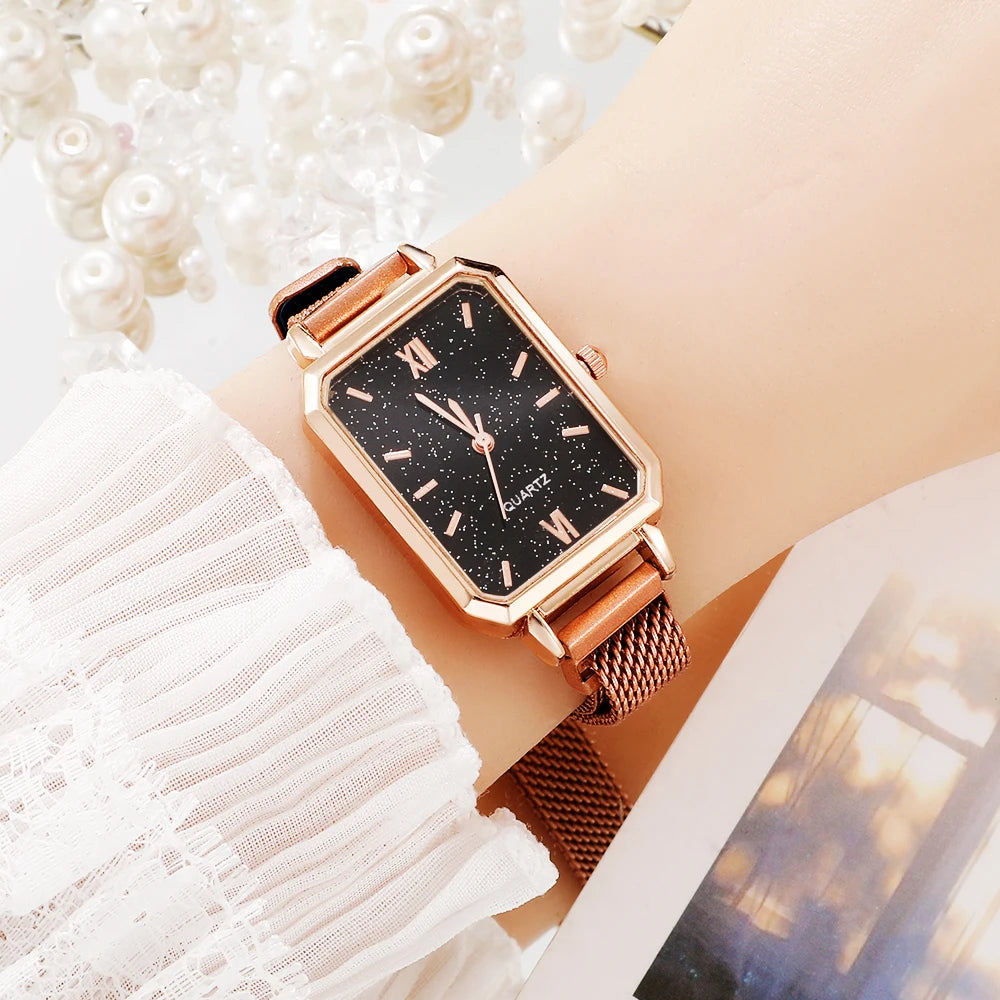 Women Watches Fashion Square Ladies Quartz Watch Bracelet Set Green Dial Simple Rose Gold Mesh Luxury Women Watches Qme black