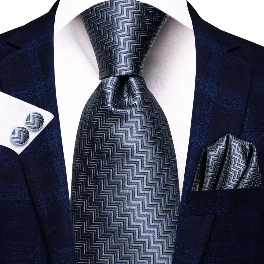 Hi-tie Smoke Grey Tie Men Elegant Mens Necktie Pocket Square Cufflink Qme 3758