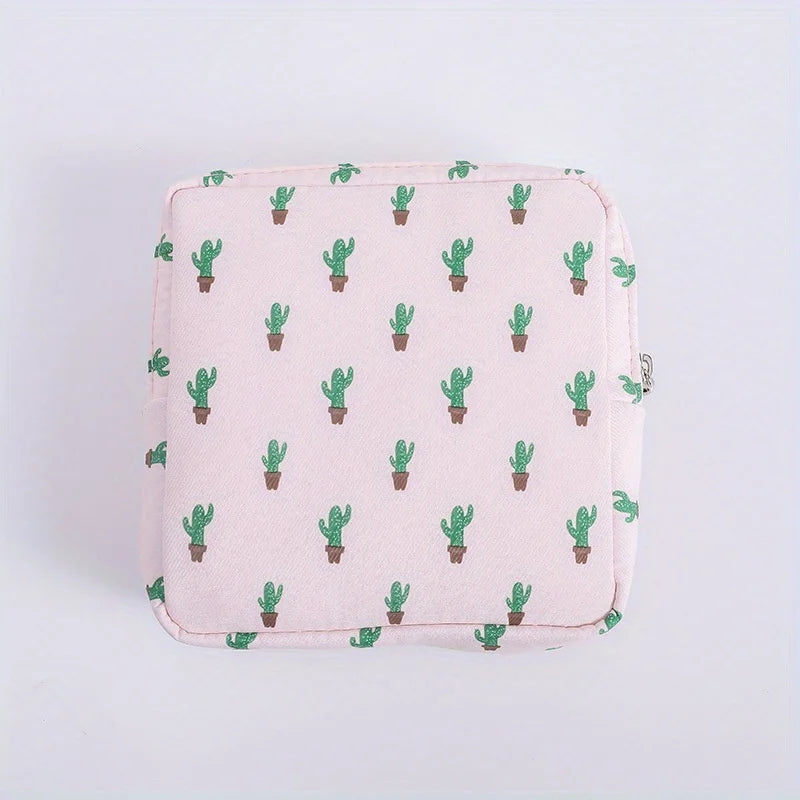 1pc Portable Sanitary Napkin Storage Bag - Girls' Cosmetic Lipstick Pouch with Travel Headset Coin Organizer - Convenient Qme Cactus