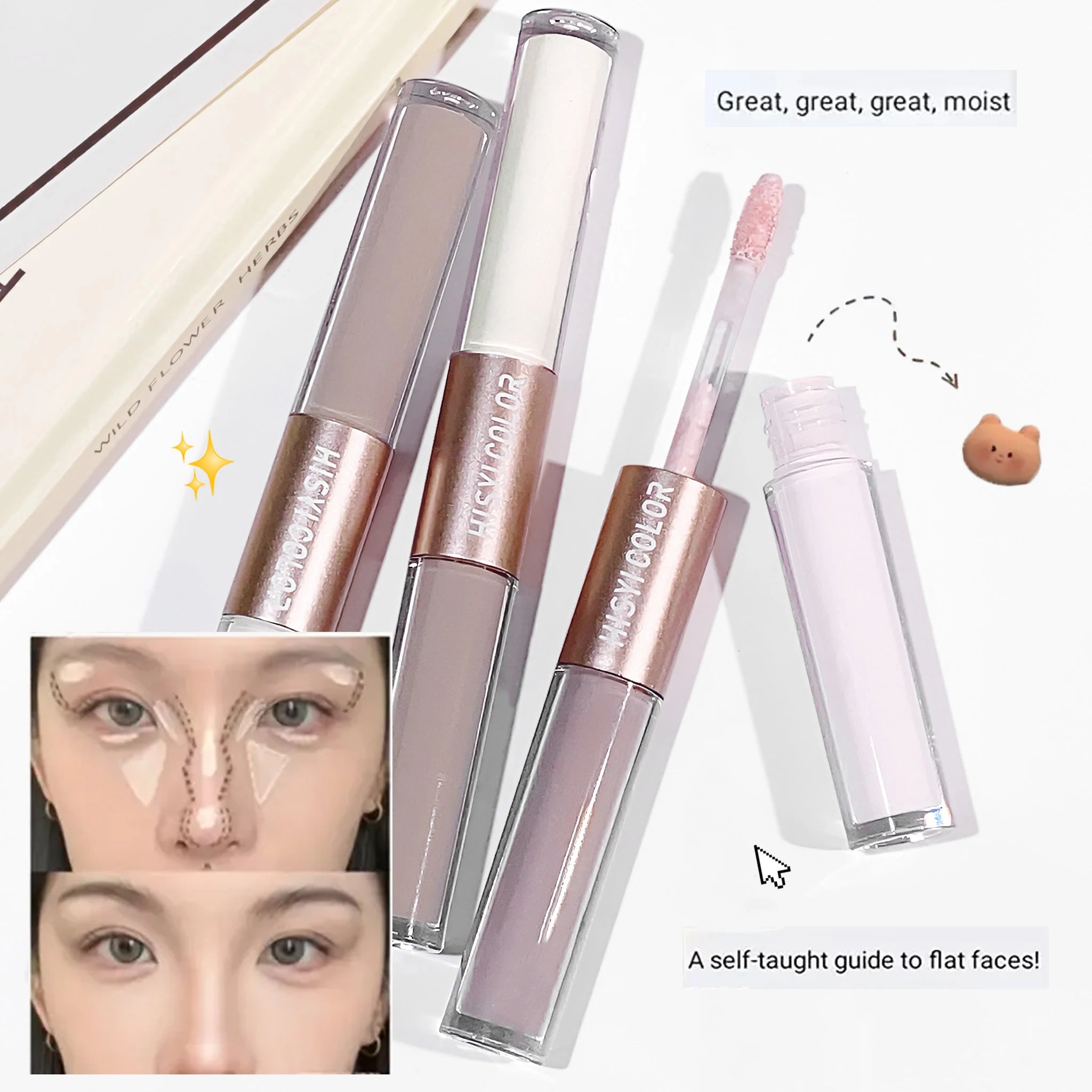 Double-headed high-gloss contouring stick, one stick to complete lifting and contouring, 3D nose bridge & V-shaped face makeup Qme