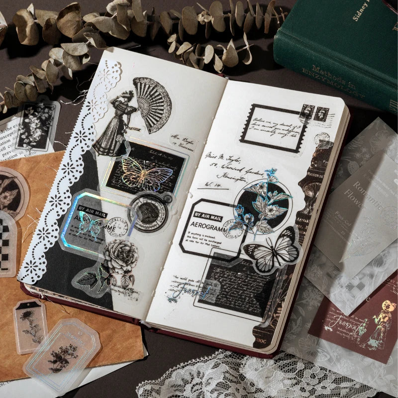 30pcs/pack Vintage Silvery Stickers for Junk Journal DIY Scrapbooking Collage Album Creative Stationery Craft Sticker Qme