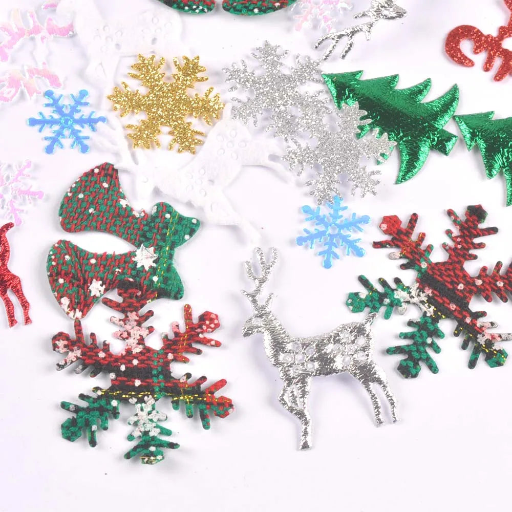 50Pcs Cute Glitter Elk Snowflakes Christmas Tree Patches For Clothes Stick-On Appliques DIY Kids Hairpin Bowknot Accessories Qme