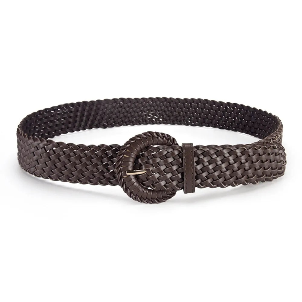 Personality Woven Weave Belt Hollow Out Round Retro Belt Wide PU Leather Bohemian Style Waistband Women Qme Coffee 70cm