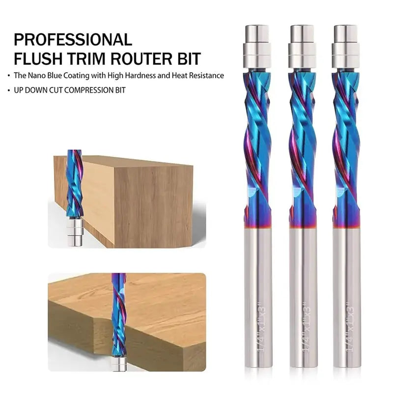 A02F-Up Down Cut Spiral Flush Trim Router Bit 2PCS, 1/4 Inch Shank 1 Inch Cutting Length Compression Qme