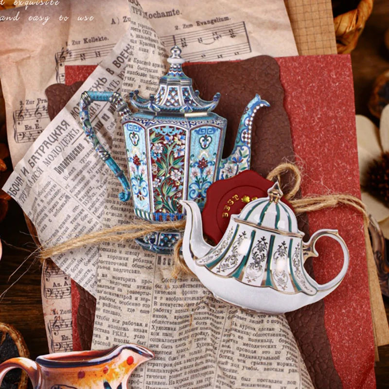 Vintage European Teapot Sticker Pack, realistic tea set decorative stickers for decorating phone cases,bottles and journals Qme