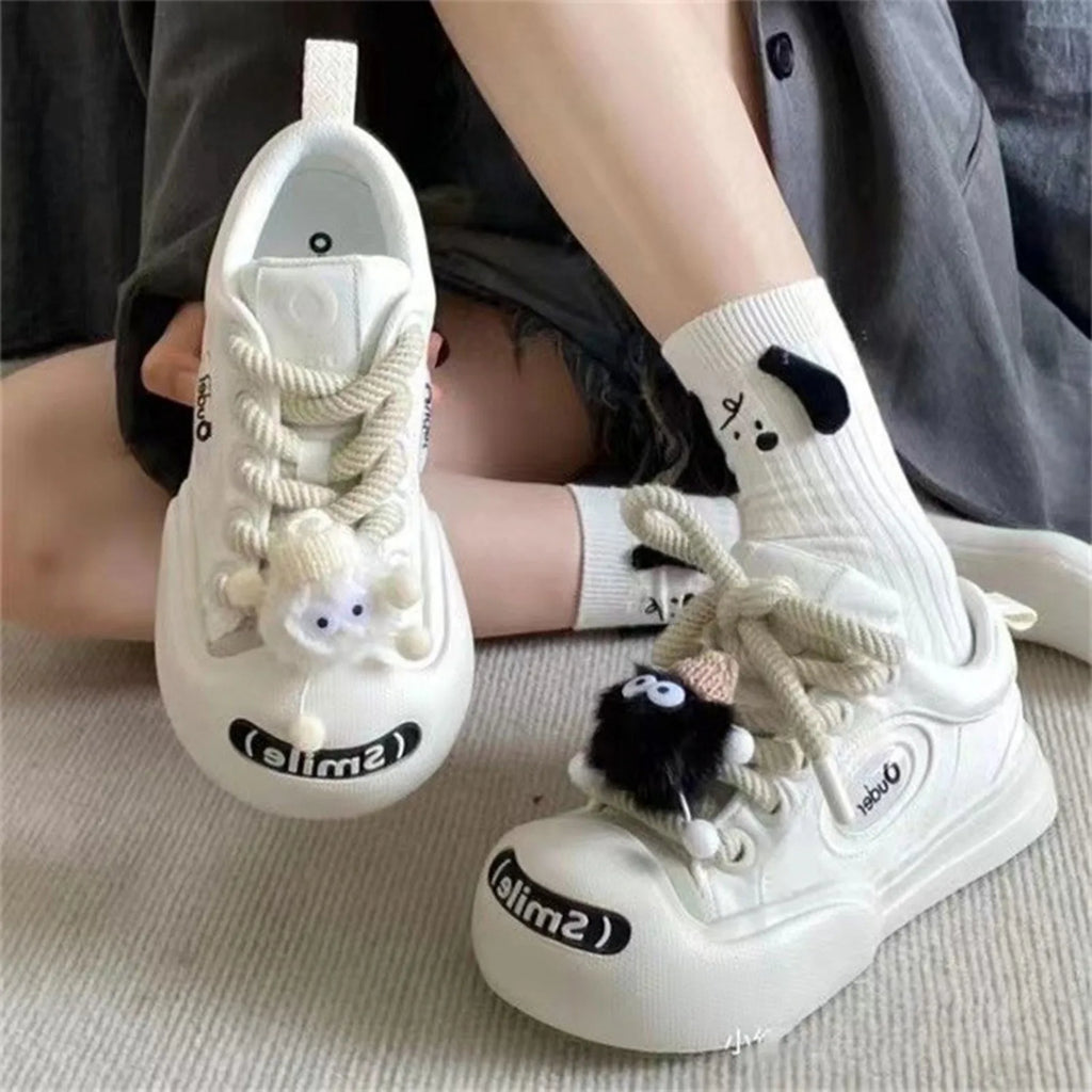 Cartoon Cute Black White Women New Fashion Kawaii Large Shoes Versatile Platform Shoes Skateboard Sneakers With Thick Shoelaces Qme White 35