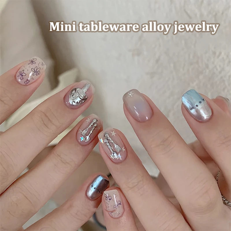 Mini Cute Tableware Nail Charm Metal Cartoon Nails Decoration Art DIY Qme