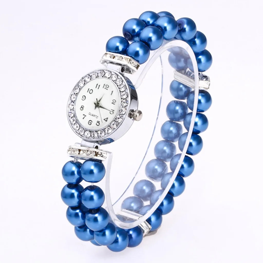 Fashionable And Versatile Exquisite Luxury Ladies’ Pearl Chain Round Dial Diamond Edge Embroider Quartz Watch Suitable For Party Qme Blue
