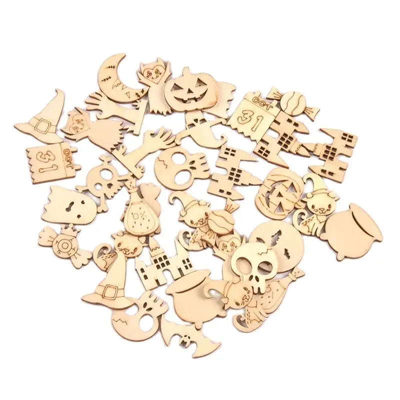 50pcs 3cm Mixed Halloween Ghost Hand/Caslte/Skeleton Wood Slices DIY Scrapbook Craft Party Decor Gift Handmade Accessories c4114 Qme