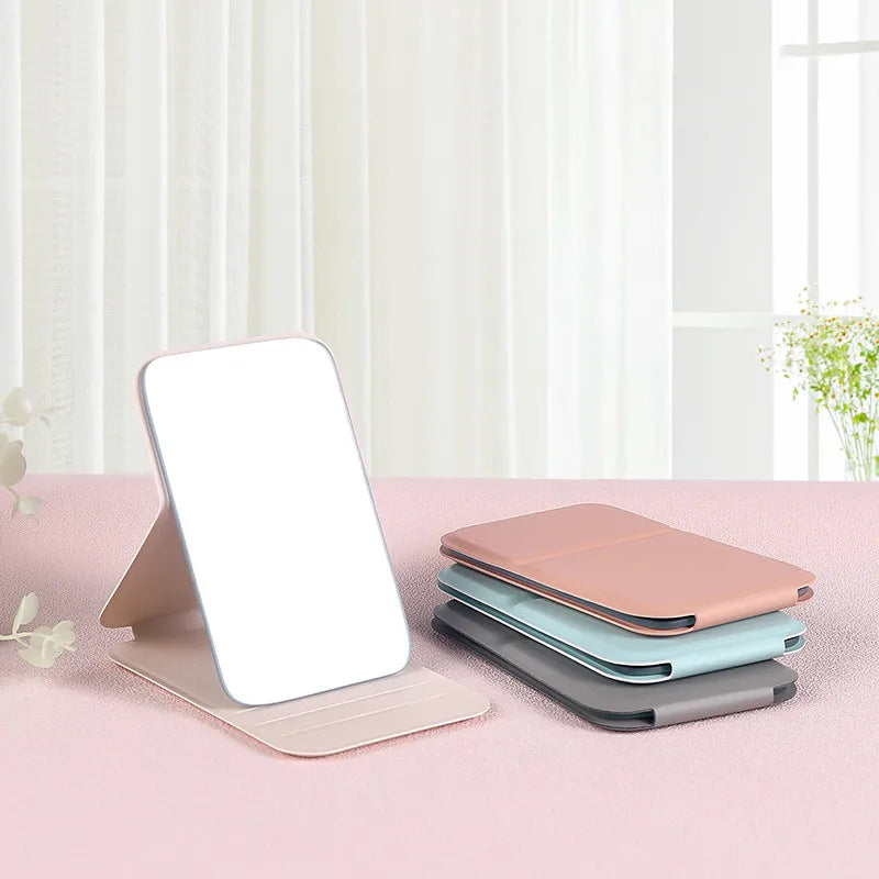 Desktop Makeup Mirror Solid PU Leather Simple Portable Handheld Qme