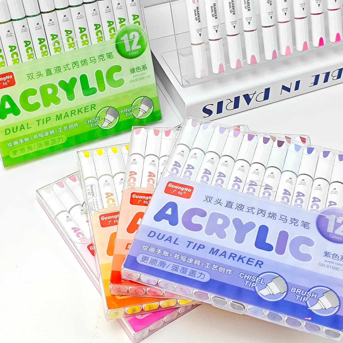 GN 12 Colors Dual Tip Acrylic Paint Markers Set Waterproof Quick Dry Art Marker Pen for Drawing Graffiti DIY Art Supplies Qme