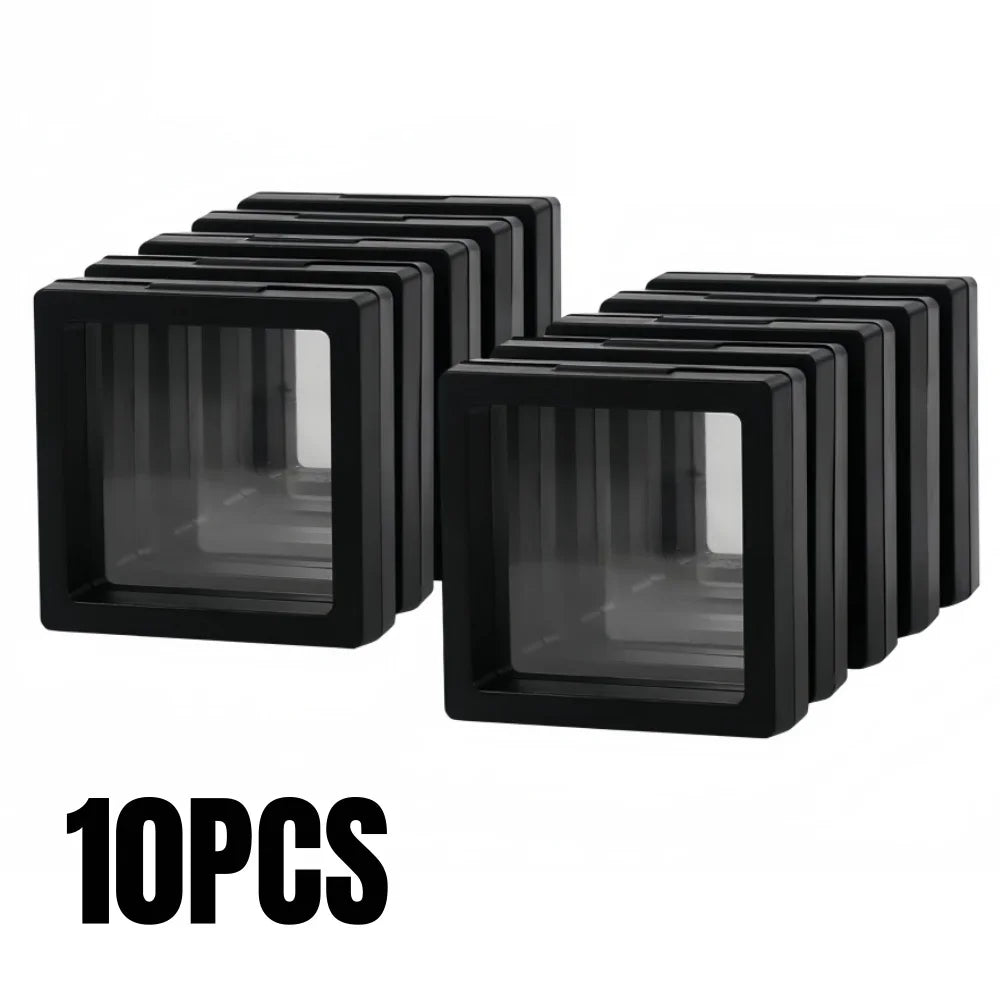 PE Film Display Box 3D Floating Coin Ring Necklace Earring Packaging Box 7x7cm Transparent Visible Jewelry Dustproof Storage Box Qme 10PCS