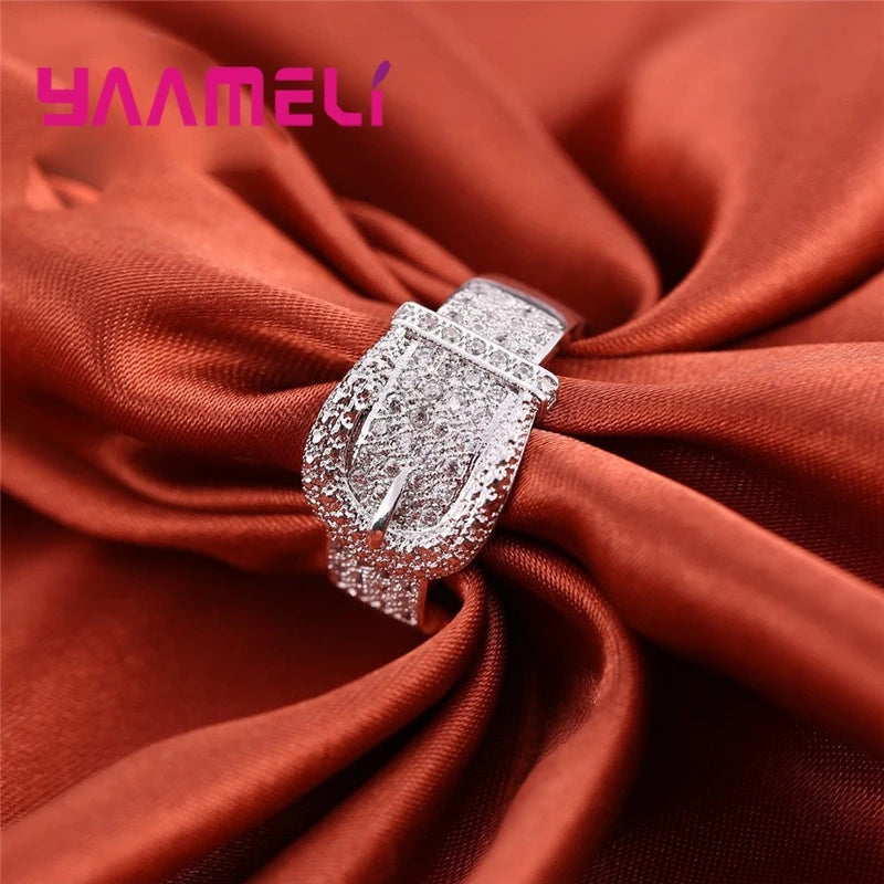 New Shiny 925 Serling Silver Color Belt Ring for Women Full Tiny Austrian Crystals Inlay Paved High Quality Hot Sale Jewelry Qme