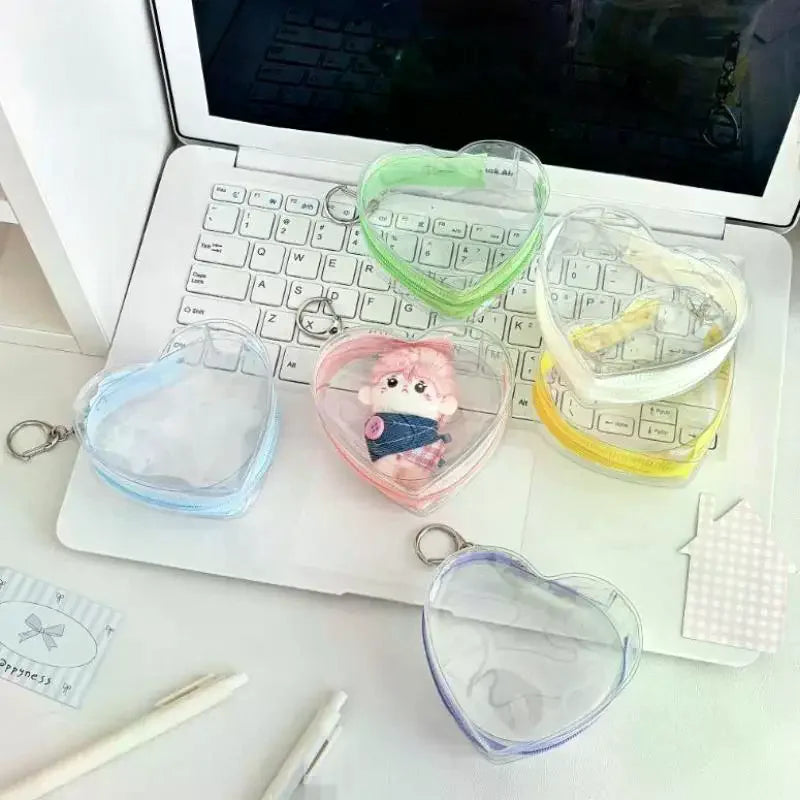 Portable Colorful Heart Transparent Zipper PVC Storage Bag Kaychain Qme