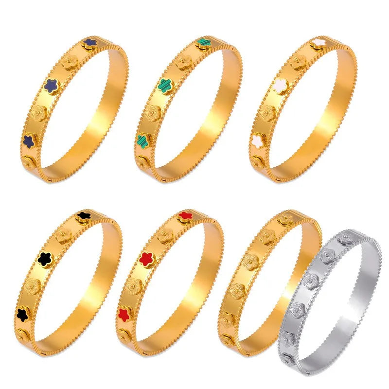 Unisex Gold/Silver Classic Stainless Steel Laser Five-Leaf Flower Open Bracelet & Bangles Simple For Woman Party Jewelry Clover Qme