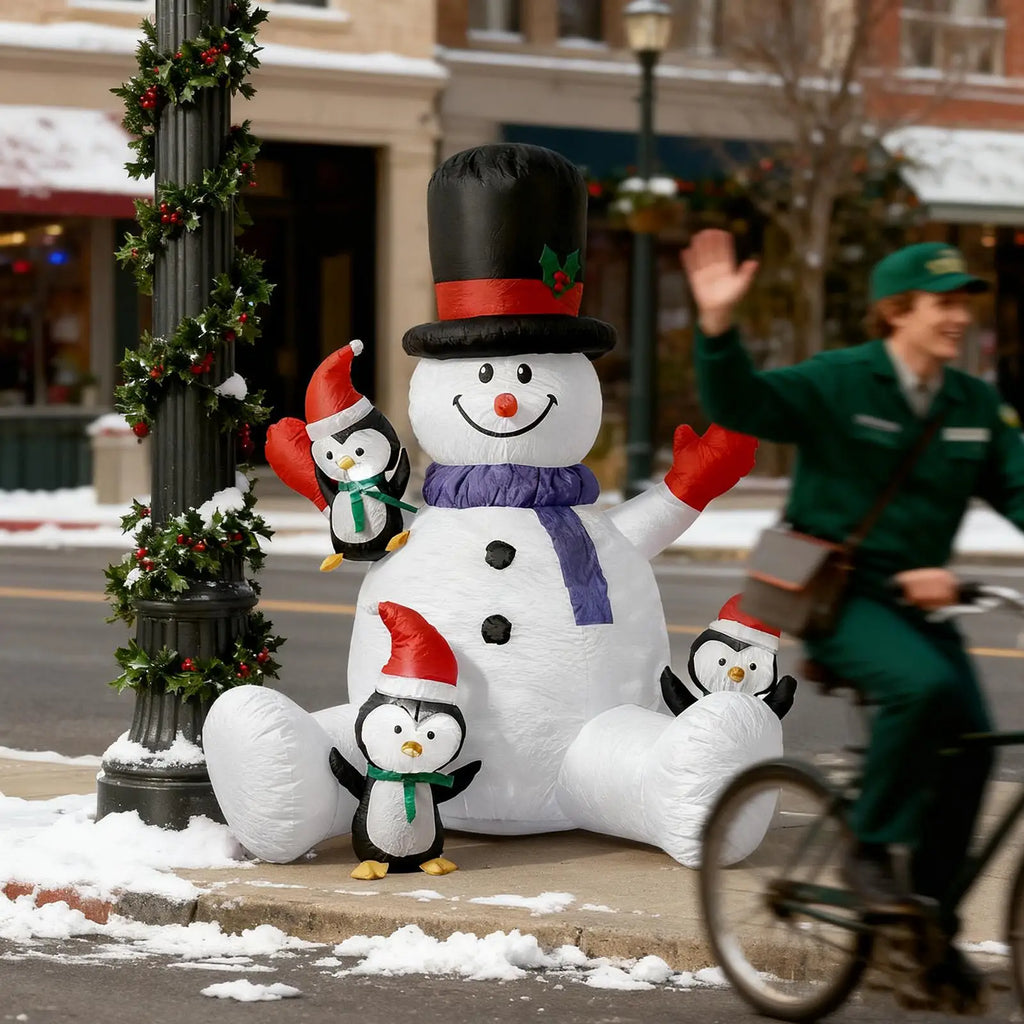 Christmas Snowman Blow Up Inflatable Festival RGB LED Lights Decor With 3 Penguins Blow Up Christmas Sitting Snowman For Indoor Qme