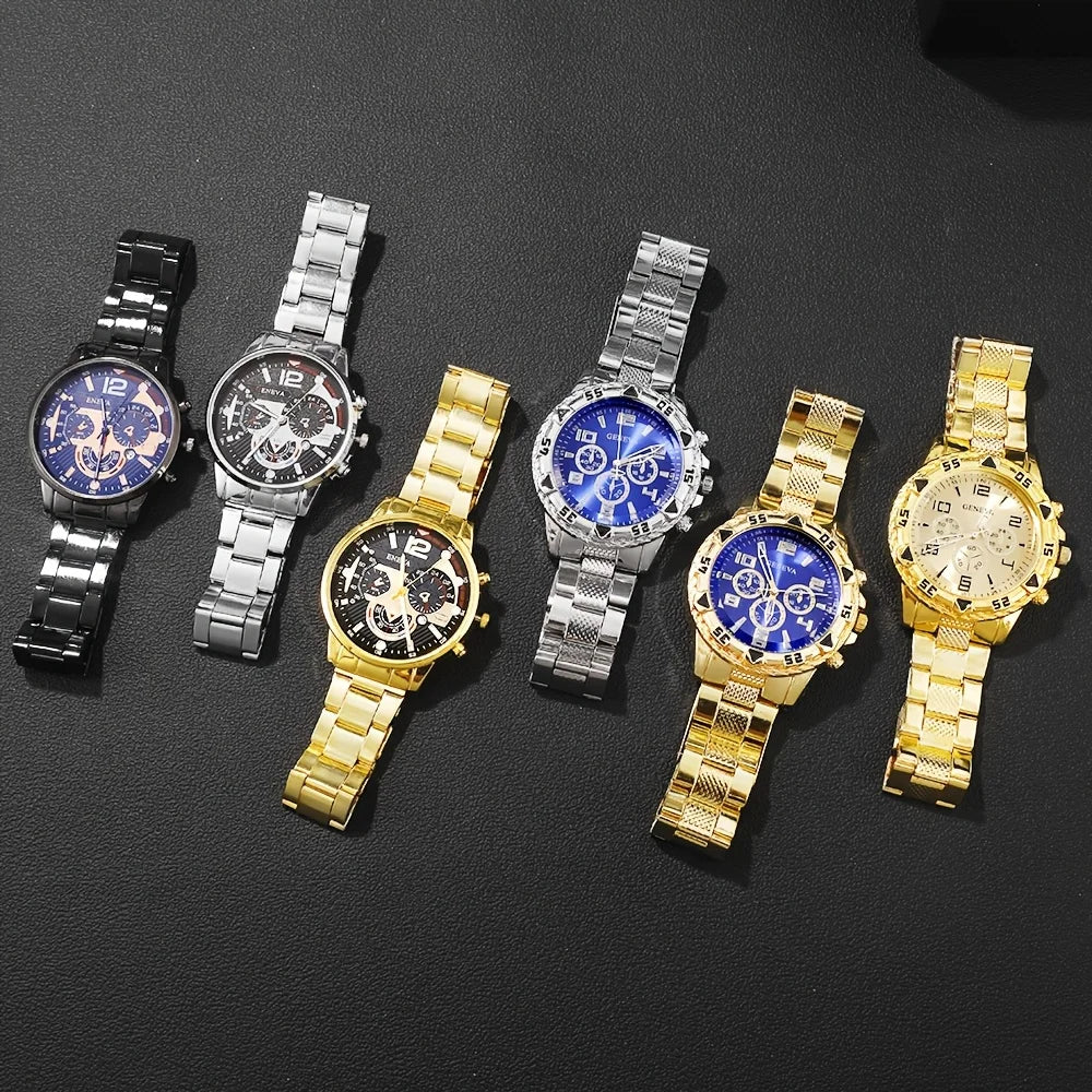 6pcs men's Geneva quartz watch set - elegant round dial, stainless steel strap, zinc alloy case, quartz watch Qme