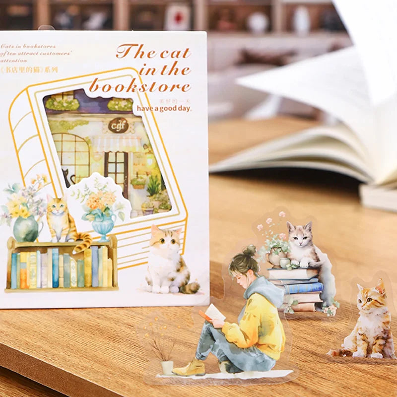 Sticker Pack 15 Sheets/Bag Bookstore Reading Cat Scrapbook Stationery DIY Journal Phone Case Notebook Decoration Qme