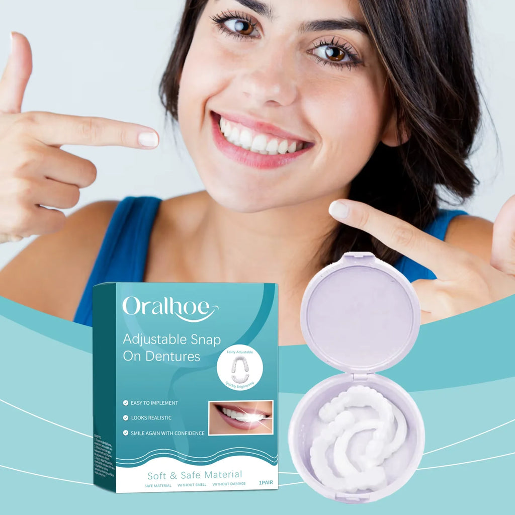 Snap on Denture Upper & Lower Temporary Teeth Dentures False Teeth Set Perfect Smile Adjustable Silicone Denture for Women & Men Qme