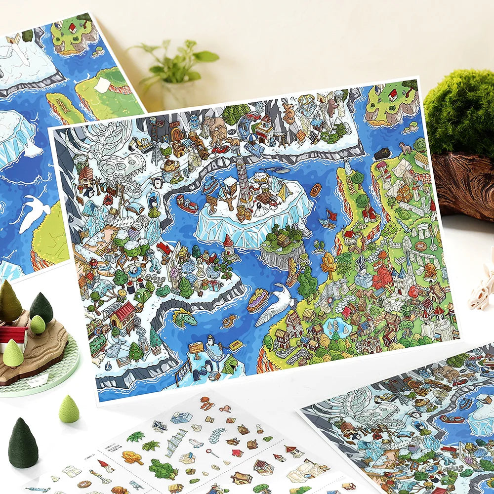 2 Books Fantasy Continent Diorama Stickers, Fantasy Map Illustrations, Must-Have for Craft Lovers, Fun Relaxing Activity Qme