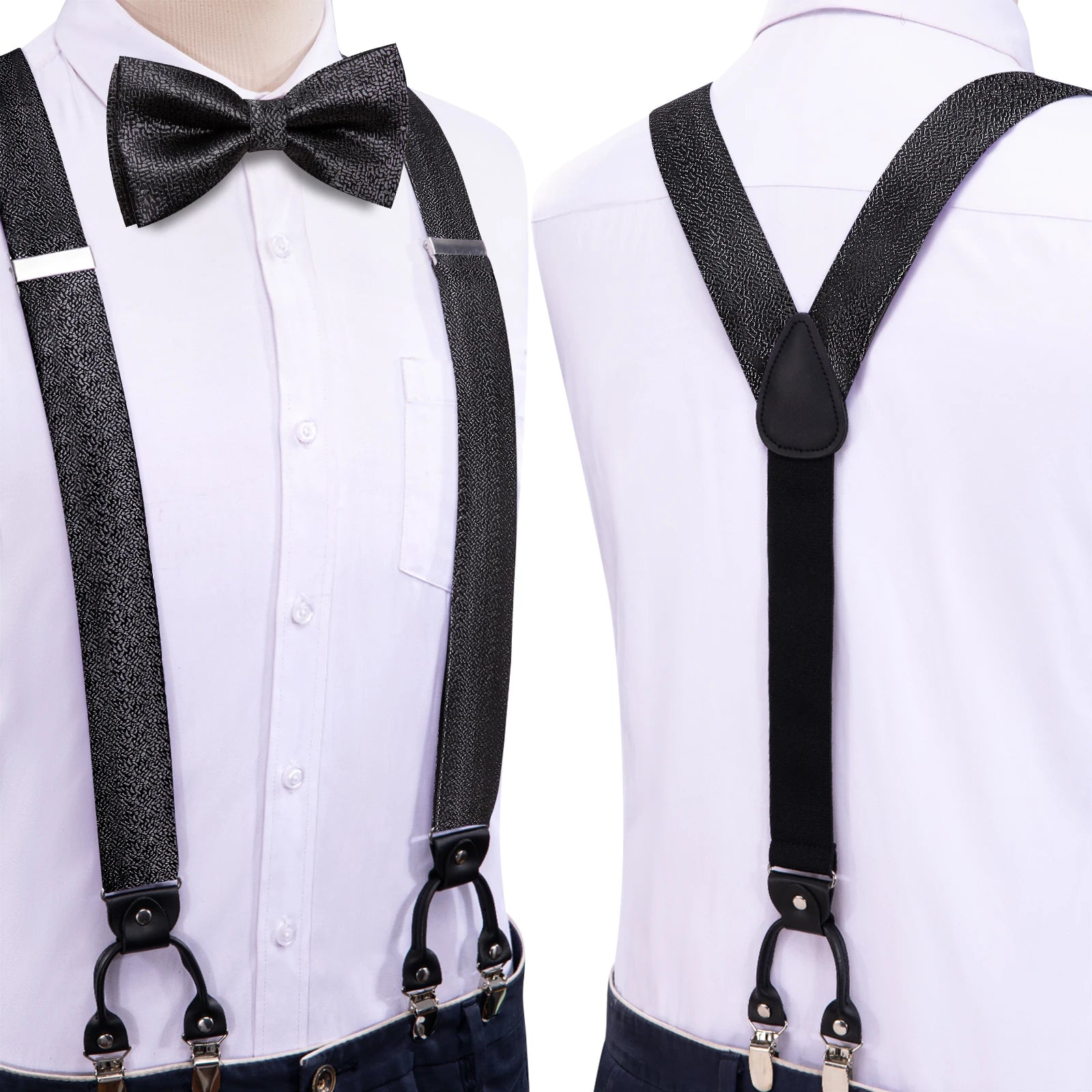 Hi-tie Silk Mens Braces Bowtie Hanky Cufflinks Y Back Clip Adjustable