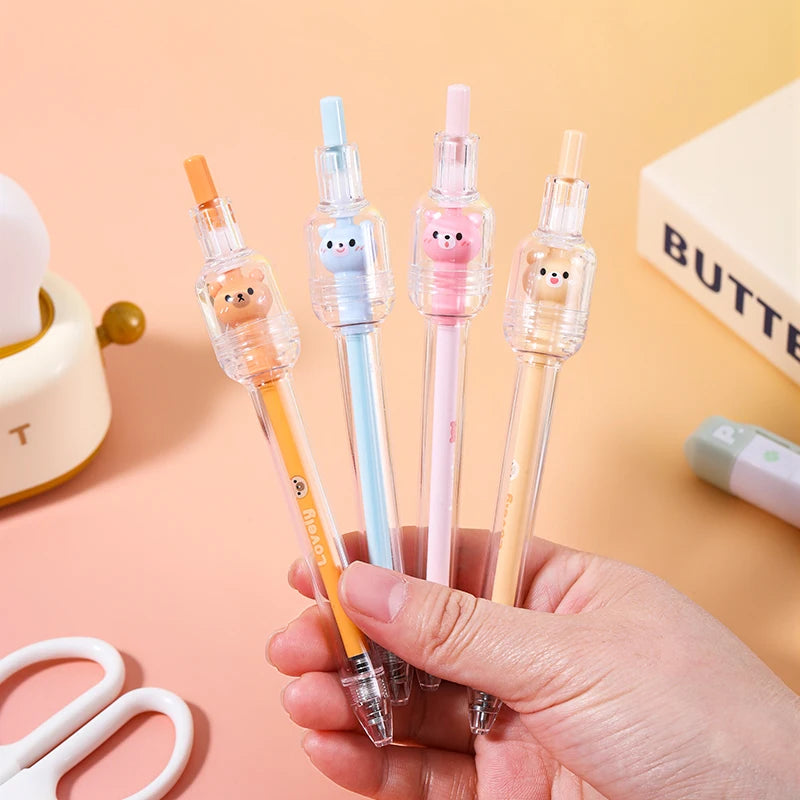 4 Pcs Wishing Bear Fidget Spinner Pen Set, Cute Stress Relief Gel Pens for Students Qme