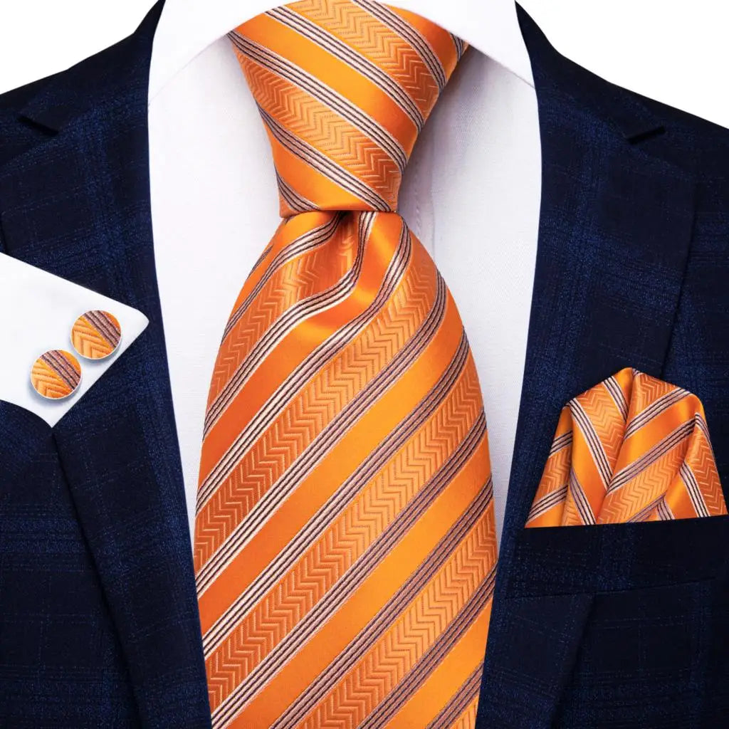 Hi-tie Men Fashion Striped Navy Blue Necktie Handkerchief Cufflinks