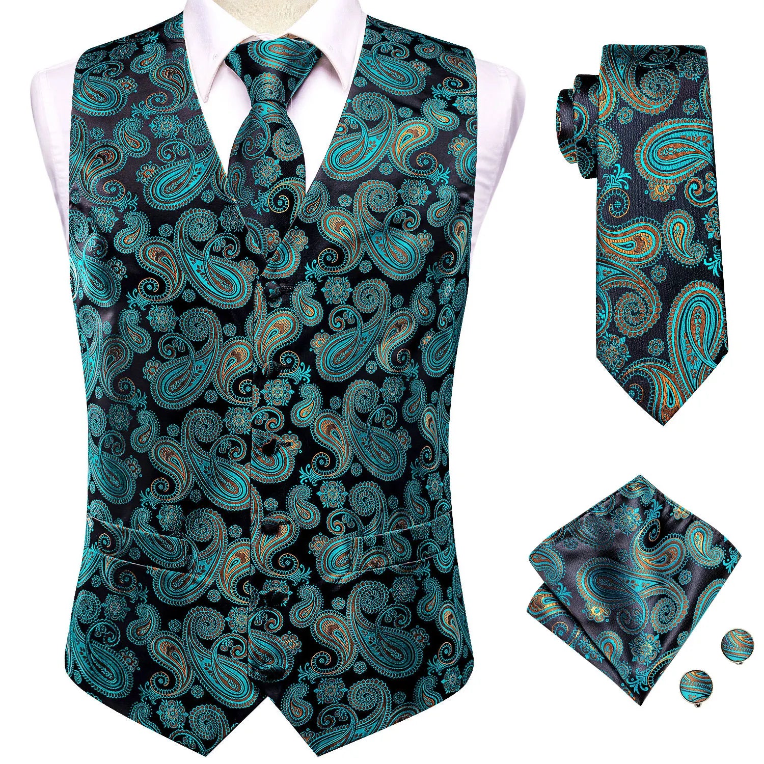Hi-tie Mens Suit Vests Necktie Hankerchief Cufflinks Silk Slim Fit Qme