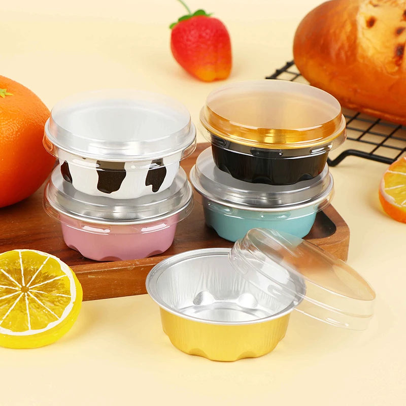 Round Baking Cups Aluminum Foil Wih Lids Reusable Cupcake Desserts Qme
