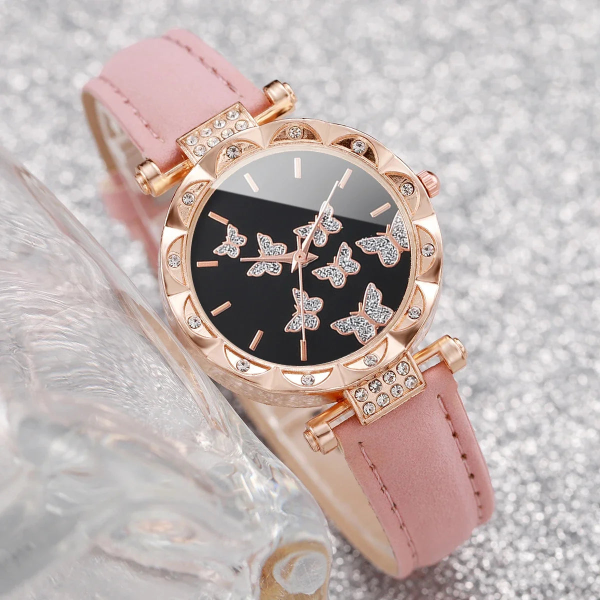 6pcs/set Fashion Butterfly Dial Women Watches Rhinestone Leather Band Quartz Watch Pearls Butterfly Jewelry Set(Without Box) Qme