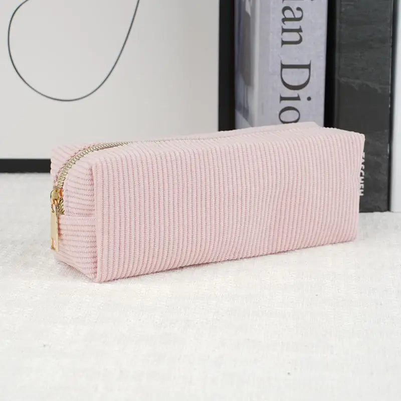 Vintage Simple Solid Corduroy Pencil Case Large Capacity Stationery Qme Pink