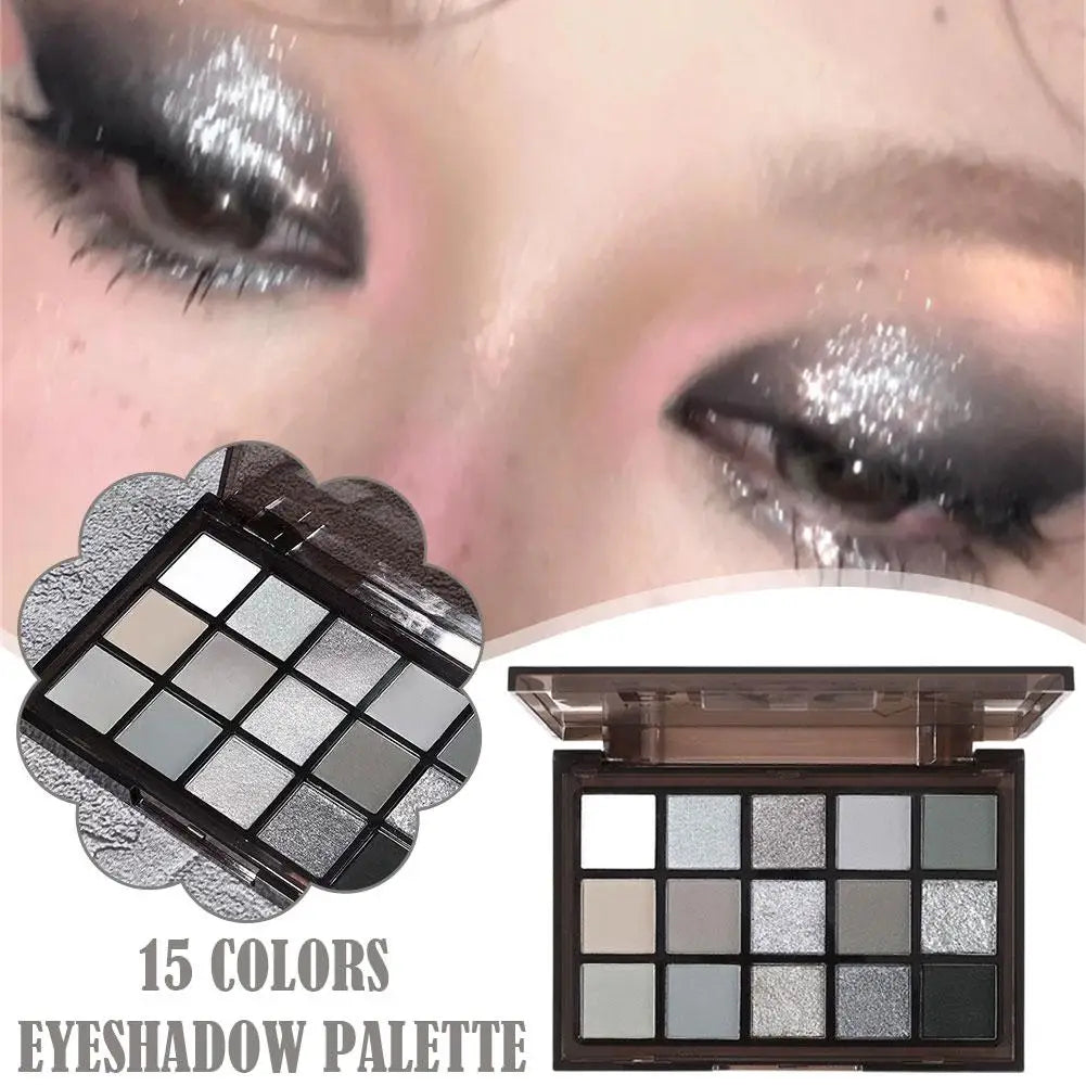15Colors Black Grey Smokey Eyeshadow Palette, Matte Black White Gray Silver Smoky Eye Shadow, Black Eyeshadow Makeup Goth Look Qme