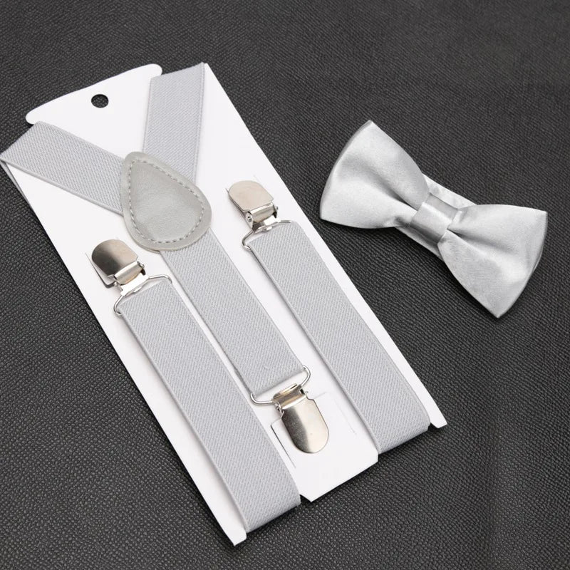 Kids Suspenders for Pants Bowtie Set Matching Tuxedo Suit Boy Girl Childs Black Adjustable Y-Back Brace Belt Wedding Accessories Qme Light Grey