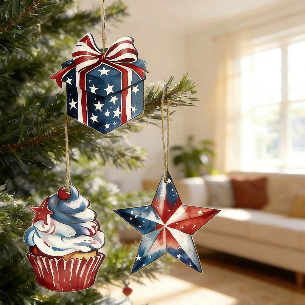 Independence Day Hanging Wooden Ornament Set Includes 12 Patterns and Hanging Ropes Anniversary Party DIY Decor Supplies Qme