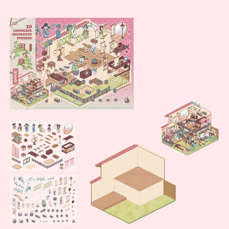 3D Landscape Stickers Chinese Style Vintage Cute Kawaii Scrapbook DIY & Handbook Decoration for Phone Case Notebook Qme 2