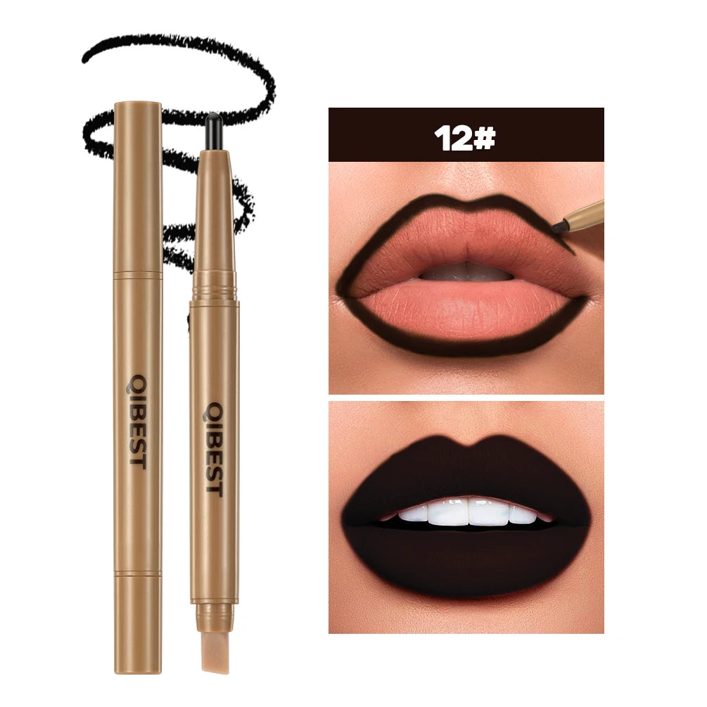 QIBEST Double Head Lip Liner&Brush Pen Makeup Mist Matte Contour Tint Lipstick Pencil 2 In 1 Stick Lasting Nude Black Lipliner Qme 12