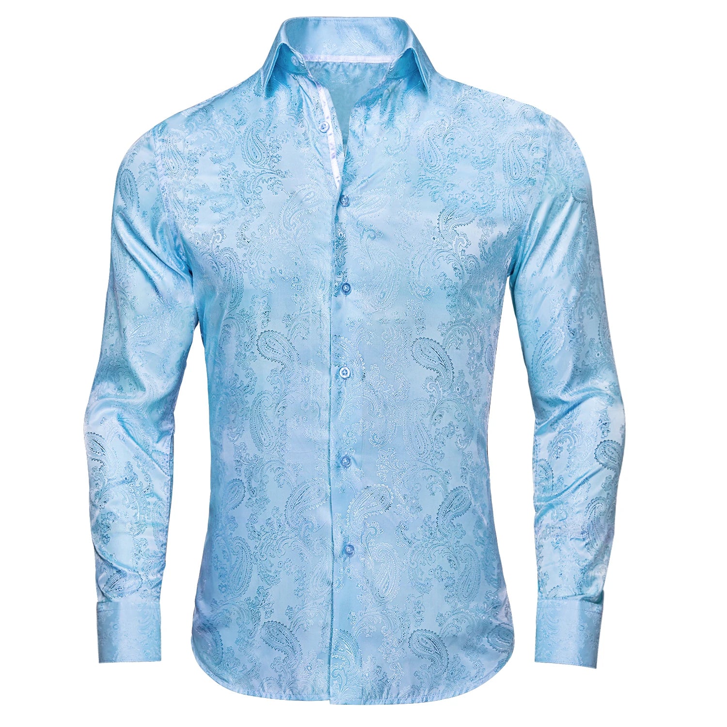 Hi-Tie Mens Shirts Silk Paisley Navy Blue Pink Black White Green Long Sleeve Lapel Shirt Casual Formal for Male Wedding Business Qme CY-1031 L