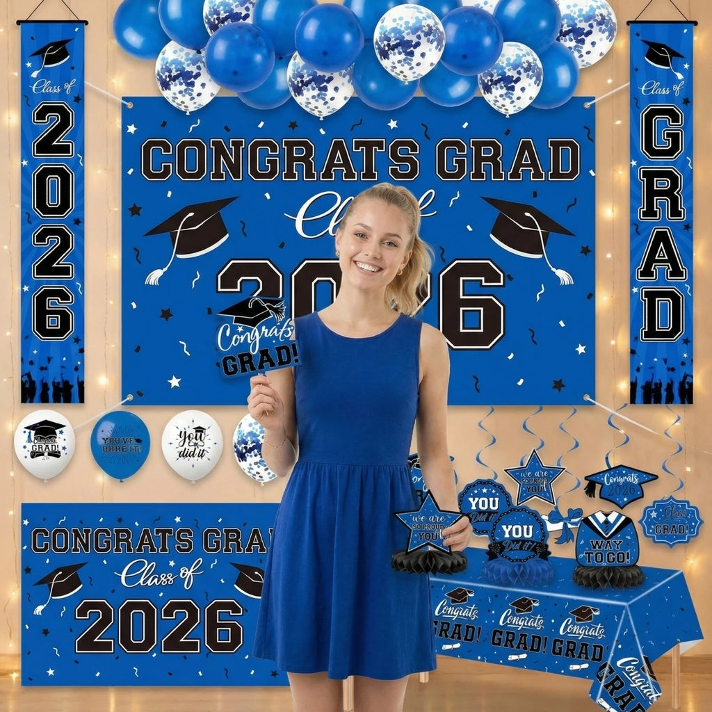 Graduation Theme Party Decoration Set Blue Serise Tablecloth Plate Balloon Set Photography background Decor Props Qme