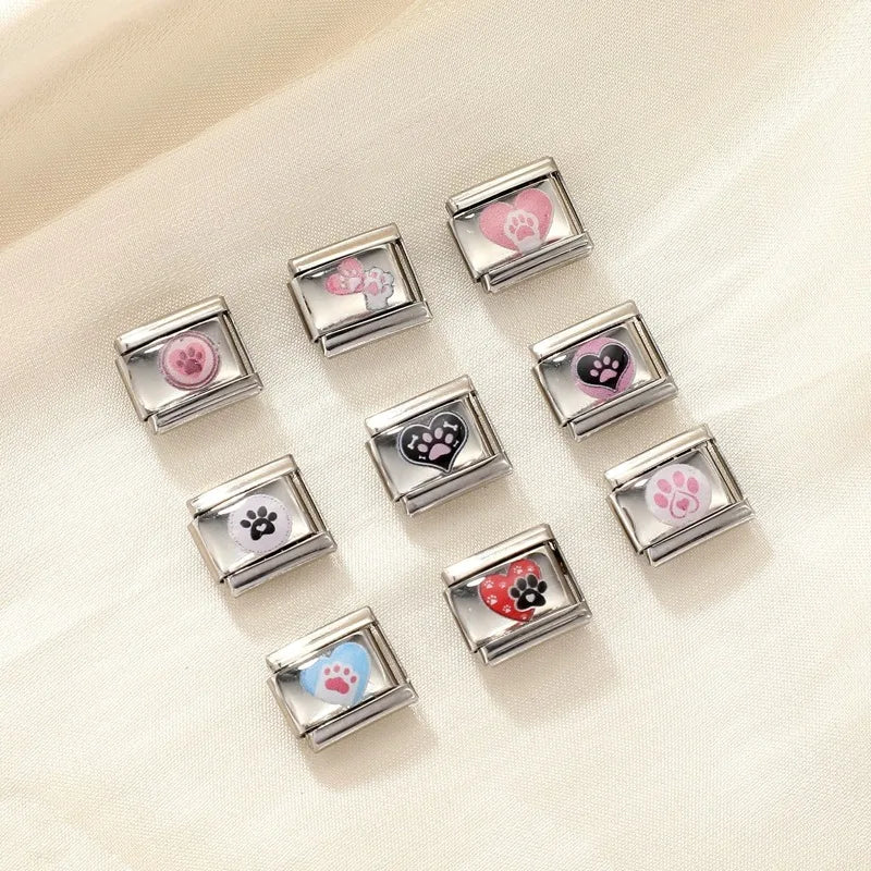 Blue Pink Heart Cute Cats Paw Dog Claw Print Series Italian Charm Links Fit 9mm Stainless Steel Bracelet DIY Making Gift Qme
