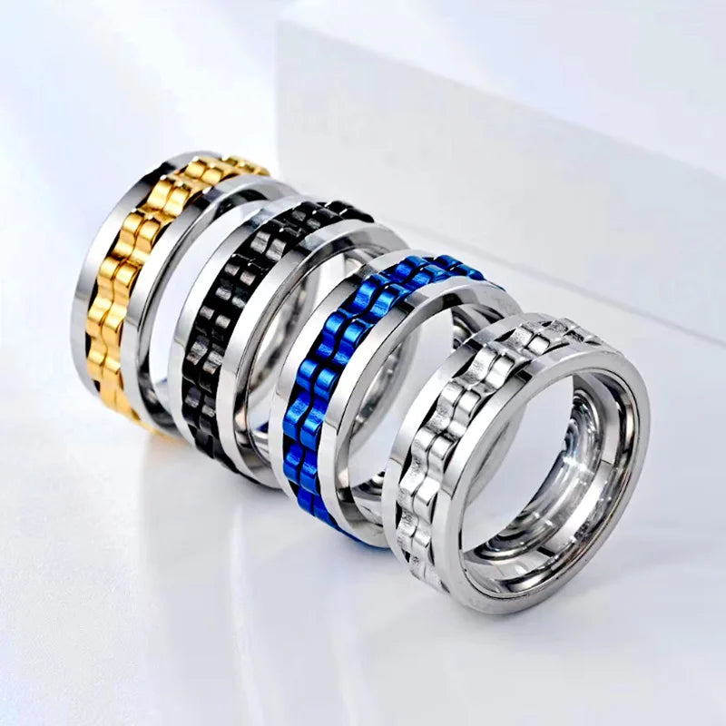 Fashion Punk Style Gear Rotating Anxiety Fidget Ring Titanium Steel Chain Spinner Rings For Men Rock Biker Wedding Party Jewelry Qme