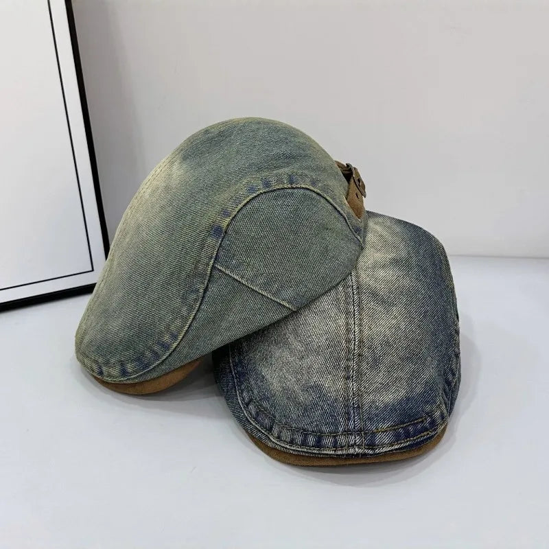 Retro Washed Denim Beret Casual Turnback Cap Big Heads Face-slimming Qme