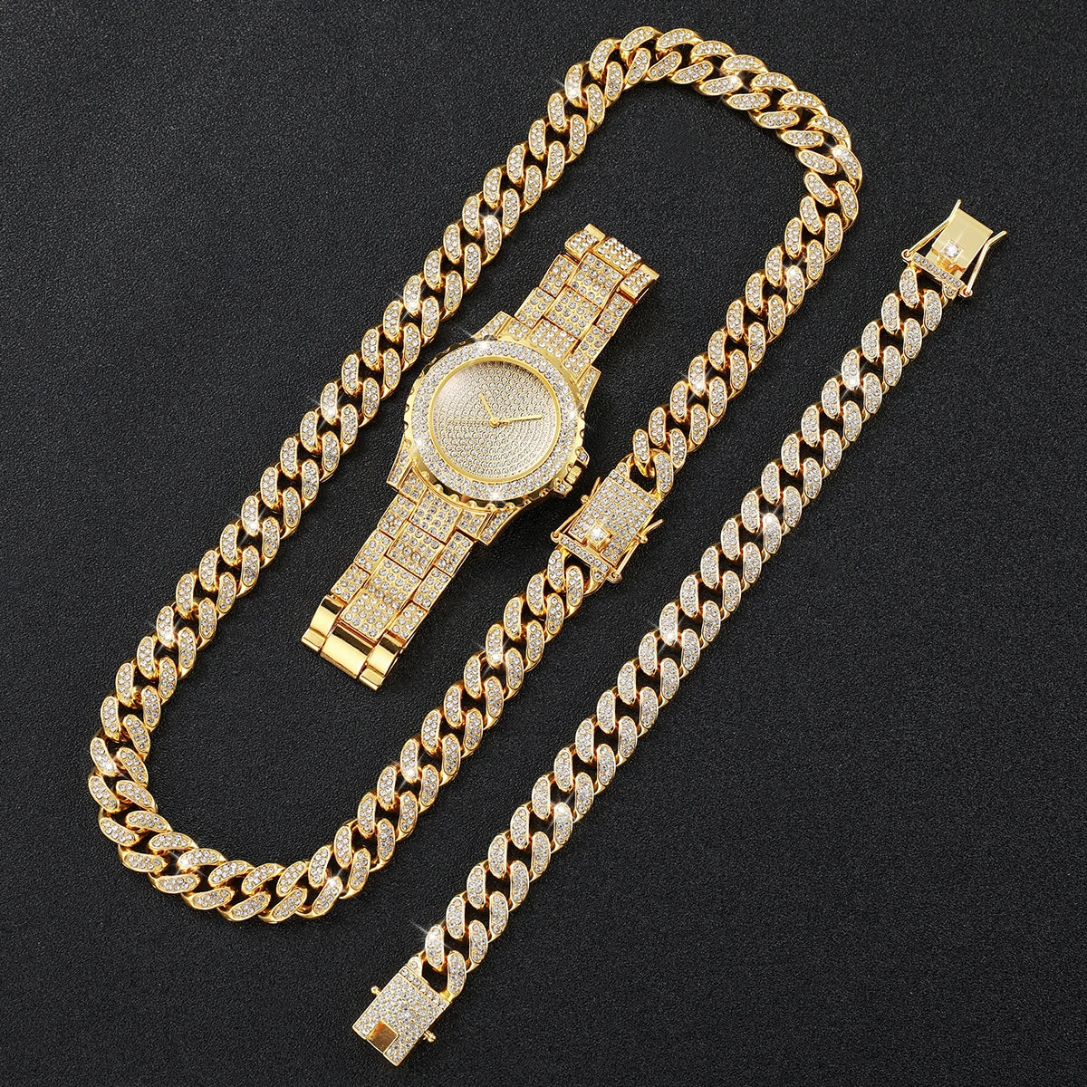 3 Pcs/Set Luxury Full Diamond Men's Watches Gold Steel Band Analog Watch Quartz Necklace Bracelet Set Men's Watch Qme Gold