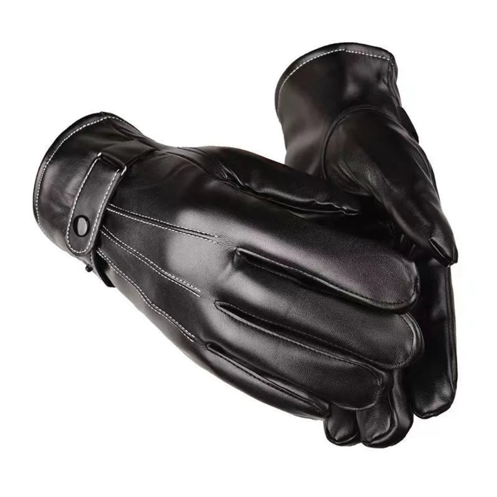 Men Winter PU Leather Gloves Touchscreen Warm Waterproof Gloves For Driving Cycling Qme