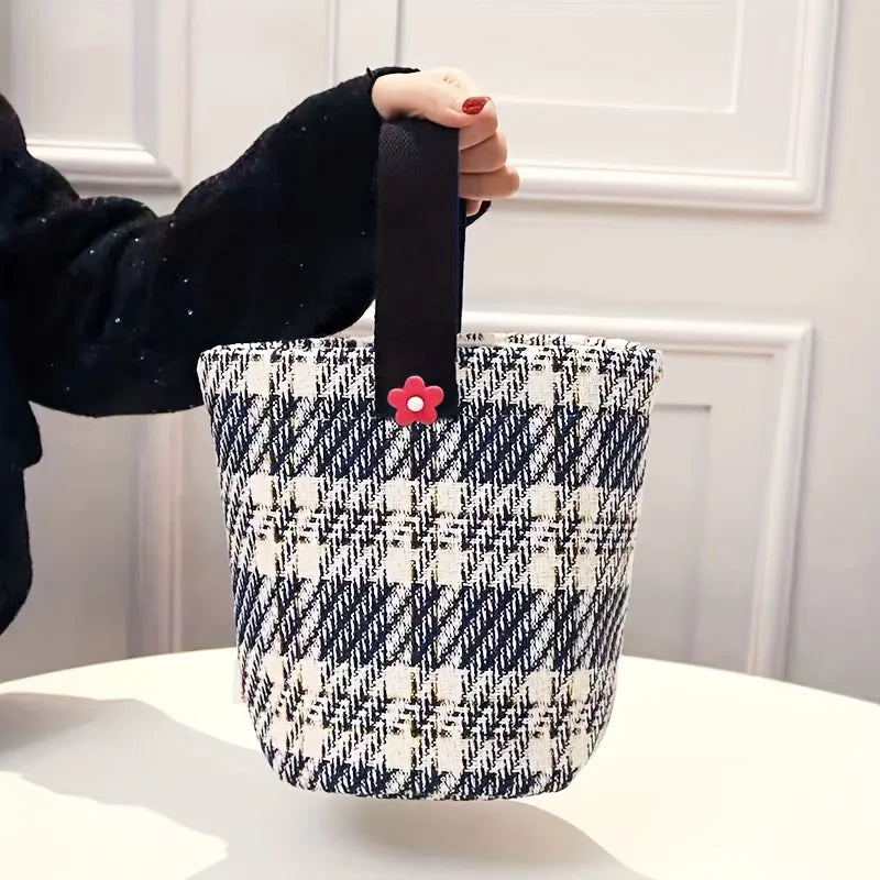 1 Fashionable Plaid Canvas Bag Casual Thickened Storage Hand-held Qme DEEP BLUE