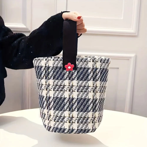 1 Fashionable Plaid Canvas Bag Casual Thickened Storage Hand-held Qme DEEP BLUE